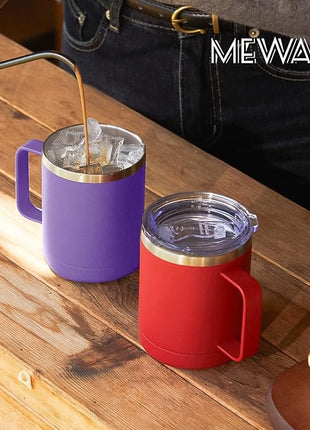 MEWAY 12oz Coffee Mug With Handle 4 Pack Bulk,Stainless Steel Insulated Travel Tumblers With Sliding Lid,Double Wall Vacuum Camping Cup for Hot & Cold Drinks Tea (Purple,Set of 4)
