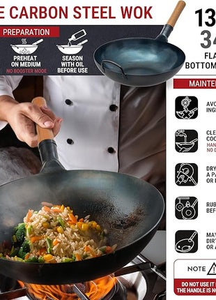 YOSUKATA 13.5” Blue Carbon Steel Wok Pan – Pre-Seasoned Flat Bottom Wok Compatible with open fire, gas, electric, ceramic, induction cooktops -Traditional Chinese Pan for Stir Fry, BBQ, Grill, Camping