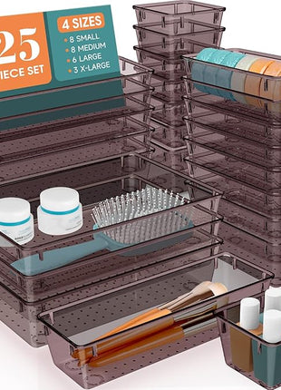 WOWBOX 25 PCS Plastic Drawer Organizer Set, 4 Sizes Desk Drawer Divider Organizers and Storage Bins for Makeup, Jewelry, Gadgets for Kitchen, Bedroom, Bathroom, Office, Clear Brown