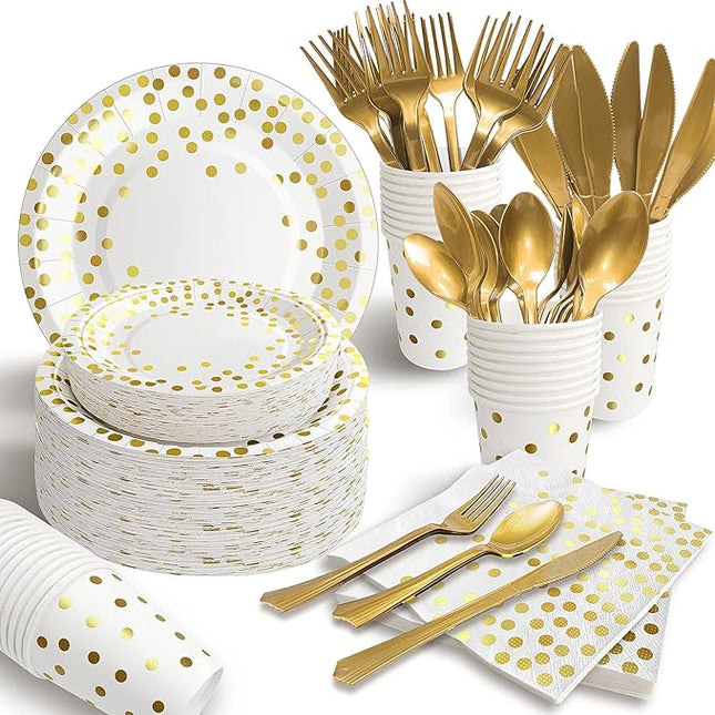 AIRE 350PCS White and Gold Paper Plates Party Supplies for 50 Guests Disposable Party Decorations Dinnerware Gold Paper Plates Napkins Cups Gold Plastic Forks Knives Spoons for Wedding Birthday