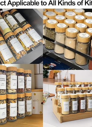 AISIPRIN Glass Spice Jars with 398 Labels-4oz 24 Pcs,Round Seasoning Jars with Bamboo Airtight Lids,Spice Container Set -Shaker Lids, Funnel,Brush and Marker Included