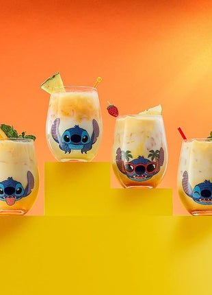 JoyJolt Disney Stitch Silly Sips Stemless Drinking Glasses, 19oz Teardrop Glass Cups, Glass Tumbler Cup Set of 4, Stitch Stuff, Lilo and Stitch Gifts, Disney Gifts for Adults