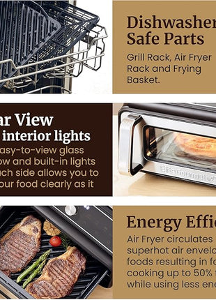 Elite Gourmet EAF2411G Digital Indoor Grill/Air Fryer Oven, 11L Capacity, Grill Rack, 8 Presets, Bake, Roast, Broil, Dehydrate, 1700-Watts, 25 Delicious Recipes, Stainless-Steel/Black