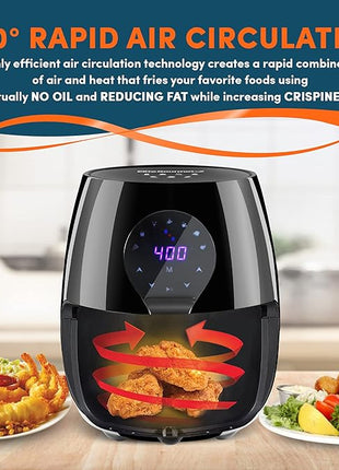 Elite Gourmet EAF5317D Digital 5.3Qt Hot Air Fryer 7 Menu Functions 1350W Oil-Less Healthy Cooker, Timer & Temperature Controls, PFOA/PTFE Free, Black