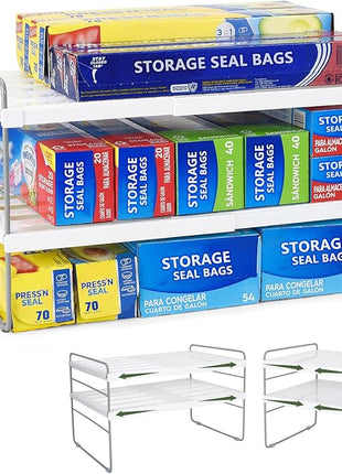 Pantry Organization and Storage for Kitchen - Expandable Kitchen Wrap Box Organizer Rack, Foil Organizer for Cabinet & Counter, Height & Width Adjustable Cupboard Storage Rack - (3 Tier 9.8 to 15.6"L)