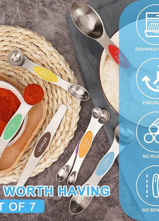 Aovchei 7 PCS Magnetic Measuring Spoons Set, Dual Sided, Stainless Steel Small Tablespoon, Teaspoons, Fits in Spice Jars, for Dry and Liquid, MultiColor