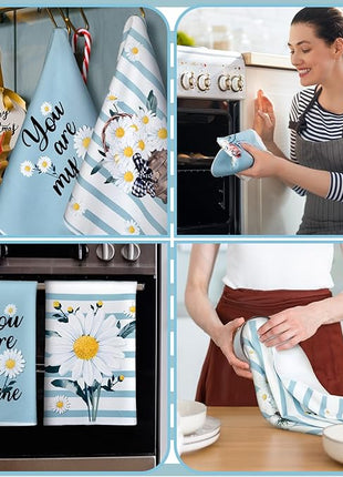 Boyiee Set of 6 Daisy Flower Kitchen Towels Daisy Stripes Tea Towels Floral Absorbent Dishtowels 24 x 16 Inches Housewarming Gifts Blue Hand Wash Cloth for Farmhouse Kitchen Bathroom Decorations