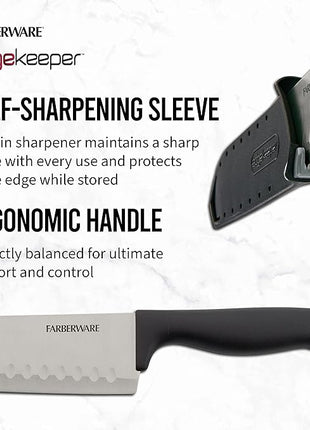 Farberware Edgekeeper 7-Inch Santoku Knife with Self-Sharpening Blade Cover, High Carbon-Stainless Steel Kitchen Knife with Ergonomic Handle, Razor-Sharp Knife, Black