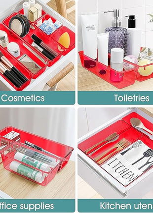 WOWBOX 25 PCS Plastic Drawer Organizer Set, 4 Sizes Desk Drawer Divider Organizers and Storage Bins for Makeup, Jewelry, Gadgets for Kitchen, Bedroom, Bathroom, Office, Clear Red