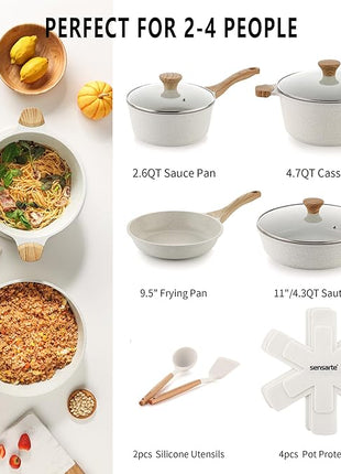 SENSARTE Nonstick Ceramic Cookware Set 13-Piece, Healthy Pots and Pans Set, Non-toxic Kitchen Cooking Set with Stay-Cool Handles, Silicone Tools and Pot Protectors, PFAS and PFOA Free