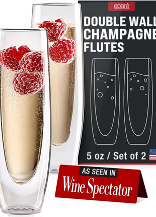 Eparé Double Wall Stemless Champagne Flutes Glass - Set of 2 Lightweight Mimosa and Prosecco Glasses for Bridal Shower, Bridesmaid Gift - Modern Stemless Champagne Glasses