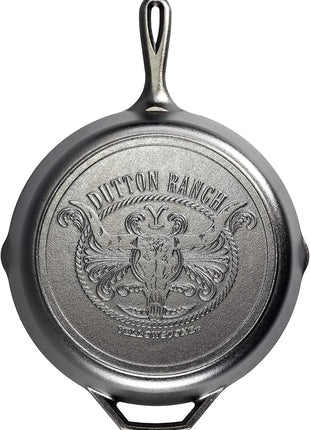 Lodge Pre-Seasoned Yellowstone Stamped Cast Iron Cookware - Signature Teardrop Handle - Use in the Oven, on the Stove, on the Grill, or Over a Campfire - 12 Inch Logo Skillet