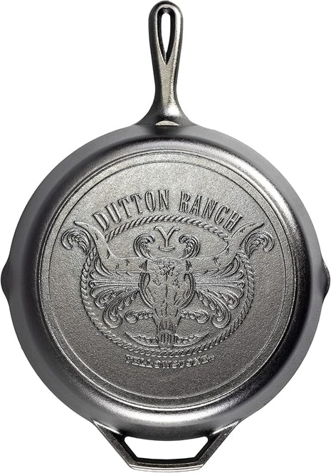 Lodge Pre-Seasoned Yellowstone Stamped Cast Iron Cookware - Signature Teardrop Handle - Use in the Oven, on the Stove, on the Grill, or Over a Campfire - 12 Inch Logo Skillet