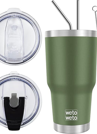 WETOWETO 30oz Stainless Steel Tumbler, Insulated Coffee Tumbler Cup with 2 Lids and 2 Straws, Double Walled Travel Coffee Mug for Hot & Cold Drinks (Army Green, 1 Pack)