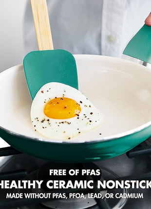 GreenPan Rio Healthy Ceramic Nonstick 8" Frying Pan Skillet and Silicone Spatula Set, Soft Grip Handle, Breaktfast Meal Set, PFAS-Free, Dishwasher Safe, Oven Safe, Turquoise
