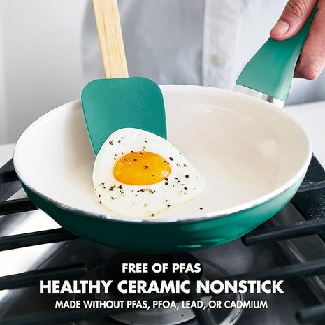 GreenPan Rio Healthy Ceramic Nonstick 8" Frying Pan Skillet and Silicone Spatula Set, Soft Grip Handle, Breaktfast Meal Set, PFAS-Free, Dishwasher Safe, Oven Safe, Turquoise
