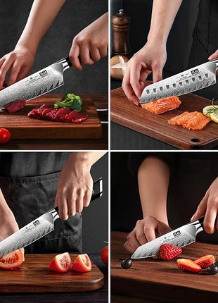 SHAN ZU Damascus Kitchen Knife Set, 7-Piece Professional Knife Sets for Chefs, Japanese 10Cr15CoMoV Super Steel With G10 Handle Knife Block Set, GYO Series
