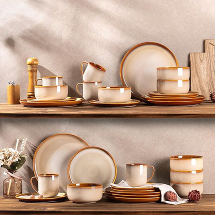 LERATIO Ceramic Dinnerware Sets for 4,16-PieceReactive Glaze Plates and Bowls Set with Mugs,Highly Chip and Crack Resistant | Dishwasher,Microwave & Oven Safe Dishes set-Kahki