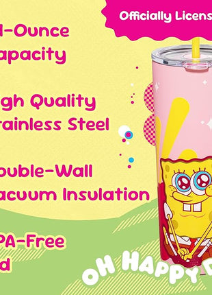 Dragon Glassware x SpongeBob SquarePants 24 oz Vacuum Insulated Tumbler with Lid and Straw - Tumbler Cup with 2 Straws - Stainless Steel Tumbler with Straw for Water, Iced Tea - SpongeBob - Pink