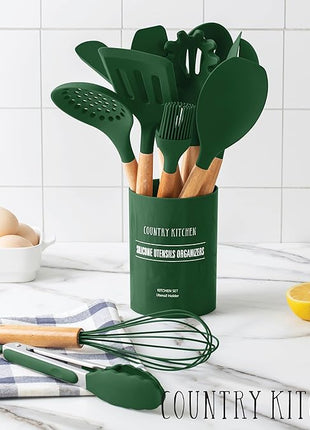 Country Kitchen Non Stick Silicone Utensil Set with Rounded Wood Handles for Cooking and Baking, 14 Piece Set, Green