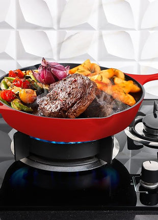 Utopia Kitchen Saute Frying Pan 12 Inch, Cast Iron Chefs Pan, Pre Seasoned Cast iron Skillet With Lid, Safe Grill Cookware for Indoor & Outdoor Use, Red