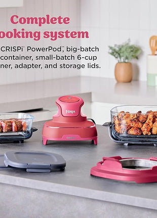 Ninja | Air Fryer | Crispi 4-in-1 Portable Cooking System | 4QT & 6 Cup Glass Containers, Crisper Plates & Storage Lids Included | Microwave, Freezer & Dishwasher Safe | Cherry Crush | FN101DR