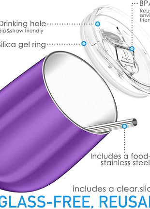 THILY Vacuum Insulated Stemless Wine Tumbler Triple-Insulated Stainless Steel Wine Glass with Lid, Reusable Straw, 12 oz, Wine, Coffee, Cocktails, Gifts Ideas for Women, Her, Girls, Purple