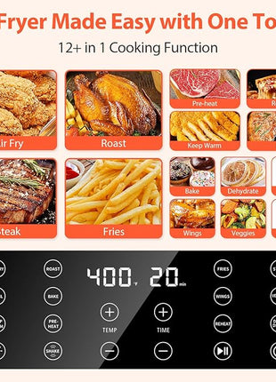 Beelicious 5.8QT Large Air Fryer, 12-in-1 Digital Airfryer with Clear Window, 40+ Recipes, Flavor-Lock Tech, Shake Reminder, Compact, Quiet, Dishwasher Safe, Nonstick (Black)