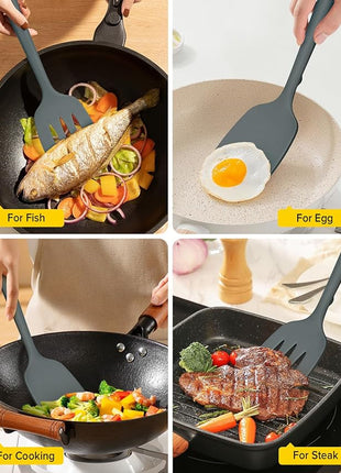 Pack of 2 Silicone Spatula Turners, Non Stick Slotted Kitchen Spatula Set, Heat Resistant BPA Free Kitchen Utensils, One-Piece Design, Suitable for Flipping Fish, Eggs, Steak, Pancakes(GRAY)