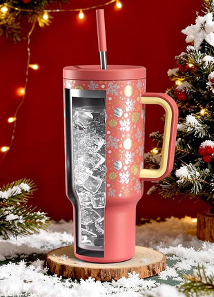 Meoky 40 oz Christmas Tumbler with Handle and Straw, Xmas Tumbler with Lid and Straw, Insulated Stainless Steel Travel Mug, Christmas Gifts for Women Men Adults (Merry Bells)