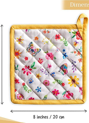 Maison d' Hermine Pot Holders Set 100% Cotton Heat Resistant Potholders 8" x 8" Hot Pads with Loop BBQ, Cooking, Grilling, Kitchen, Handling Hot Pans Spring/Summer (Pack of 2, Happy Florals - Sweety)