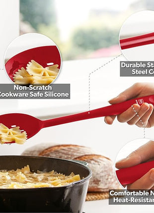 DIORO Silicone Mixing & Serving Spoons - Large Heat-Resistant Non Stick Utensils Big Solid & Slotted Basting & Stirring Spoons - Dishwasher Safe (2pc, Red)