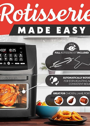 Gourmia Air Fryer - 14 Qt All-in-One Oven with Rotisserie, Digital Display with 12 Presets, Roast, Bake, Broil, Dehydrate, Dishwasher Safe Accessories, Black