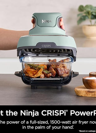 Ninja Crispi Air Fryer, Microwave, Freezer & Dishwasher Safe, Non Toxic Glass Portable Cooking System, 4 QT & 6 Cup Glass Containers with Storage Lids, Easy Meals, Air Fry, Bake, Green, FN101SG