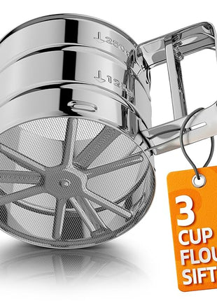 Flour Sifter for Baking – 3 Cup Flour Sifter Stainless Steel with Dual-Blade, Ergonomic Handle, Reinforced Base, Rust-Resistant and Easy to Wash – For Powdered Sugar, Cocoa, and Daily Baking Tasks
