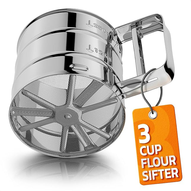 Flour Sifter for Baking – 3 Cup Flour Sifter Stainless Steel with Dual-Blade, Ergonomic Handle, Reinforced Base, Rust-Resistant and Easy to Wash – For Powdered Sugar, Cocoa, and Daily Baking Tasks