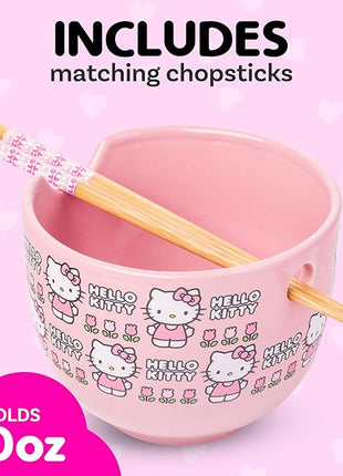 Silver Buffalo Sanrio Hello Kitty Flowers Pattern Ceramic Ramen Noodle Rice Bowl with Chopsticks, Microwave Safe, 20 Ounces
