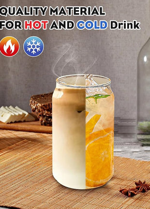 Drinking Glasses with Bamboo Lids and Glass Straw 8PCS Set, 16oz Glass Cups with Lids and Straws, Beer, Iced Coffee Glasses, Soda, Gift 2 Cleaning Brushes