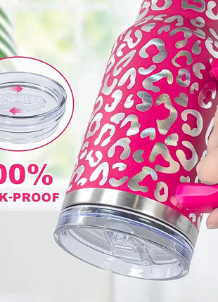 40 oz Tumbler with Handle and Straw, 100% Leak-Proof Travel Mug, Stainless Steel Double Wall Vacuum Insulated Coffee Cup Keeps Cold For 34 Hours, Dishwasher Safe, Hot Pink Leopard
