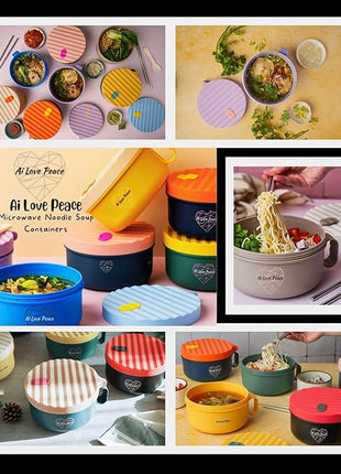 AI LOVE PEACE Ramen Bowls, 40 oz Large Microwavable Noodle Bowls (2 Purple) with Chopsticks, Sporks, and Utensil Bag, Portable Microwave Bowl for Home, Office, Dorm, or College Gift.