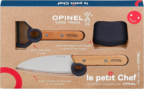 Opinel Le Petit Chef 254641 Kitchen Knife Set for Children, 3 Pieces, in Blue, Chef's Knife, Finger Guard, Peeler