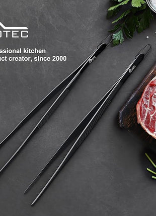 HOTEC Kitchen Tweezers Tongs Stainless Steel Professional Chef Tweezers, Set of 2-12inch Extra-Long Food Tongs for Cooking,Grill and Baking
