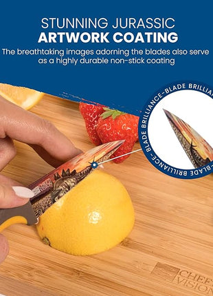 CHEF'S VISION Jurassic Knife Set - 6-Piece Stainless Steel Cutting Knives Set for Kitchen - Stunning Dinosaur Designs, Great Gift for Women or Men - Unique Kitchen Knife Set Gift