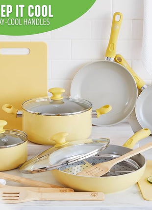 GreenLife Soft Grip Healthy Ceramic Nonstick 15 Piece Kitchen Cookware Pots and Frying Sauce Saute Pans Set, PFAS-Free with Kitchen Utensils and Lid, Dishwasher Safe, Yellow