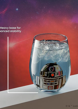 JoyJolt Star Wars Cosmic Color Stemless Drinking Glasses, 19oz Glass Cups ft Darth Vader, Stormtrooper, Boba Fett, R2-D2 - Star Wars Kitchen Glasses Set of 4, Gifts for Men, Women & Adults