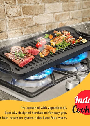 Overmont Pre-seasoned 17x9.8" Cast Iron Reversible Griddle Grill Pan with handles for Gas Stovetop Open Fire Oven, One tray, Scrapers Included