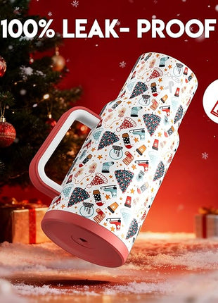 Meoky 40 oz Christmas Tumbler with Handle and Straw, Xmas Tumbler with Lid and Straw, Insulated Stainless Steel Travel Mug, Christmas Gifts for Women Men Adults (Snowy Fir)