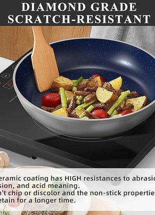 Nuwave Healthy Duralon Blue Ceramic Nonstick Cookware Set, Diamond Infused Scratch-Resistant, PFAS Free, Dishwasher & Oven Safe, Induction Ready & Evenly Heats, Tempered Glass Lids & Stay-Cool Handles