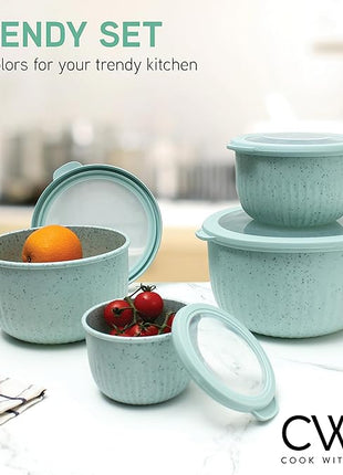 COOK WITH COLOR Prep Bowls with Lids- Wide and Deep Nesting Plastic Small Mixing Bowl Set with Lids, 8 Piece Set - Deep Bowls, Speckled Mint