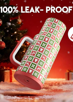 Meoky 40 oz Christmas Tumbler with Handle and Straw, Xmas Tumbler with Lid and Straw, Insulated Stainless Steel Travel Mug, Christmas Gifts for Women Men Adults (Ho Ho Reindeer)